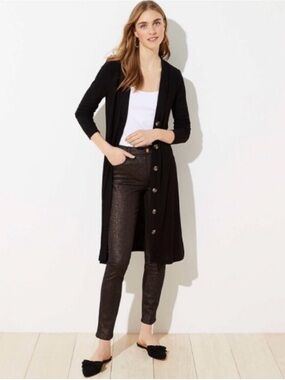 LOFT Long Ribbed Cardigan Black Button Front Midi Duster Women’s Small